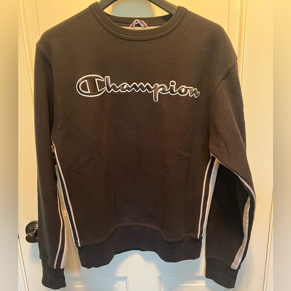 Champion Black Crewneck with White Stripes, Size Small